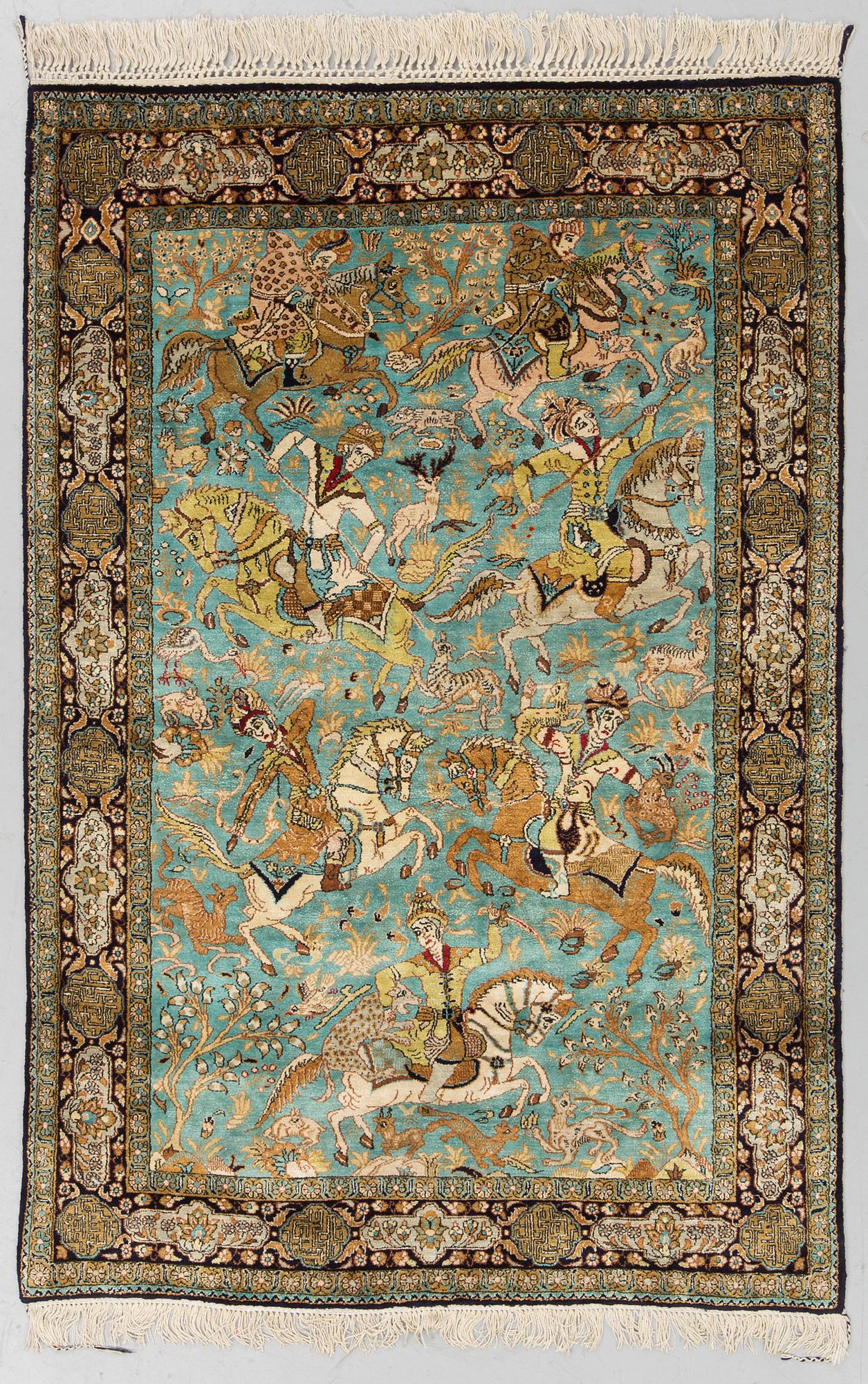 A RUG, an old silk Qum figural, ca 154,5 x 107,5 cm.