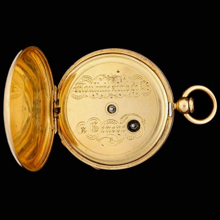 DAMFICKUR, guld 18k, Moulinié ainé, Geneve 1800-tal. Tot ca 34 gram.