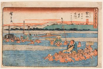 HIROSHIGE ANDO (1797-1858), color woodblock print. Japan, 1830's. '53 Stations of Tokaido Kanaya'.