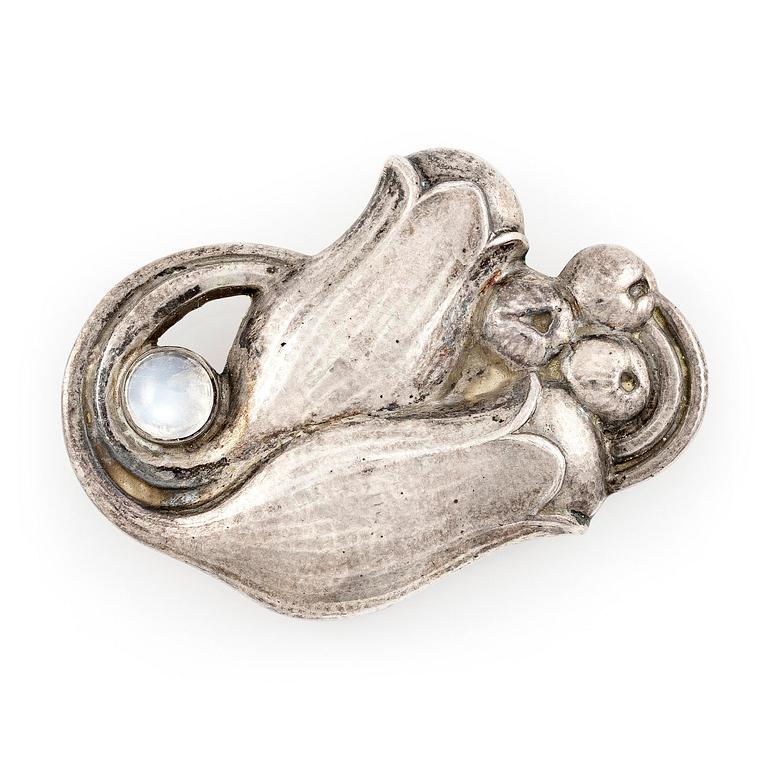 Georg Jensen, a brooch, silver with cabochon-cut moonstone. After 1945.