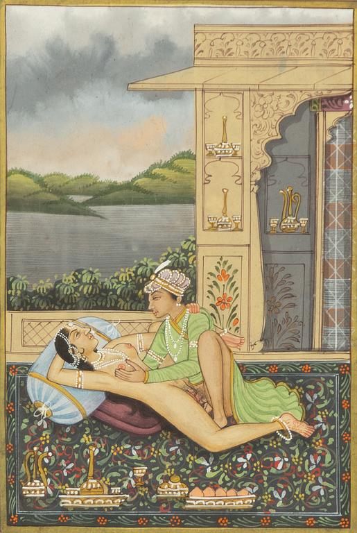 Unidentified artist, Erotic scenes in palace settings, India, 20th century. Four pieces.