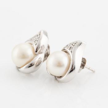 Earrings, 18K white gold with cultured pearls and small diamonds.