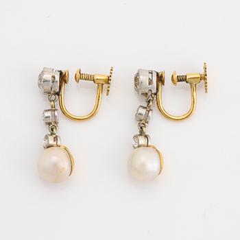 Gold, old cut diamond and pearl earrings.