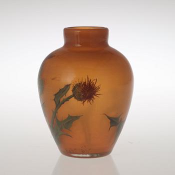 A Betzy Ählström amber coloured glass vase with enamel painted decoration of thistle flowers, Reijmyre 1901-02.