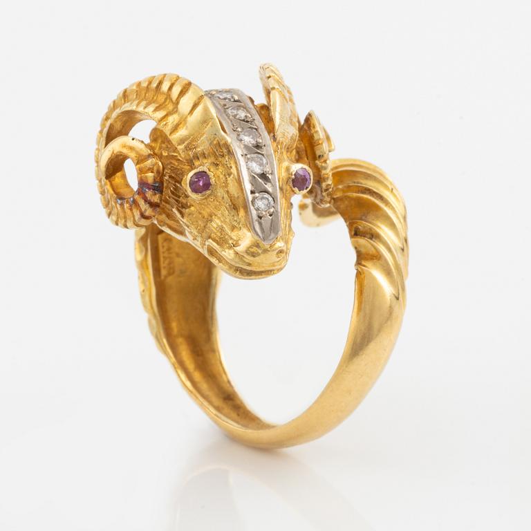 An 18K gold ram´s head ring set with round brilliant-cut diamonds and rubies.