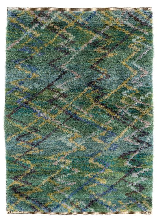 Barbro Nilsson, a carpet, 'Sommarvägar, grön' knotted pile, c 117 x 88 cm, signed AB MMF BN.