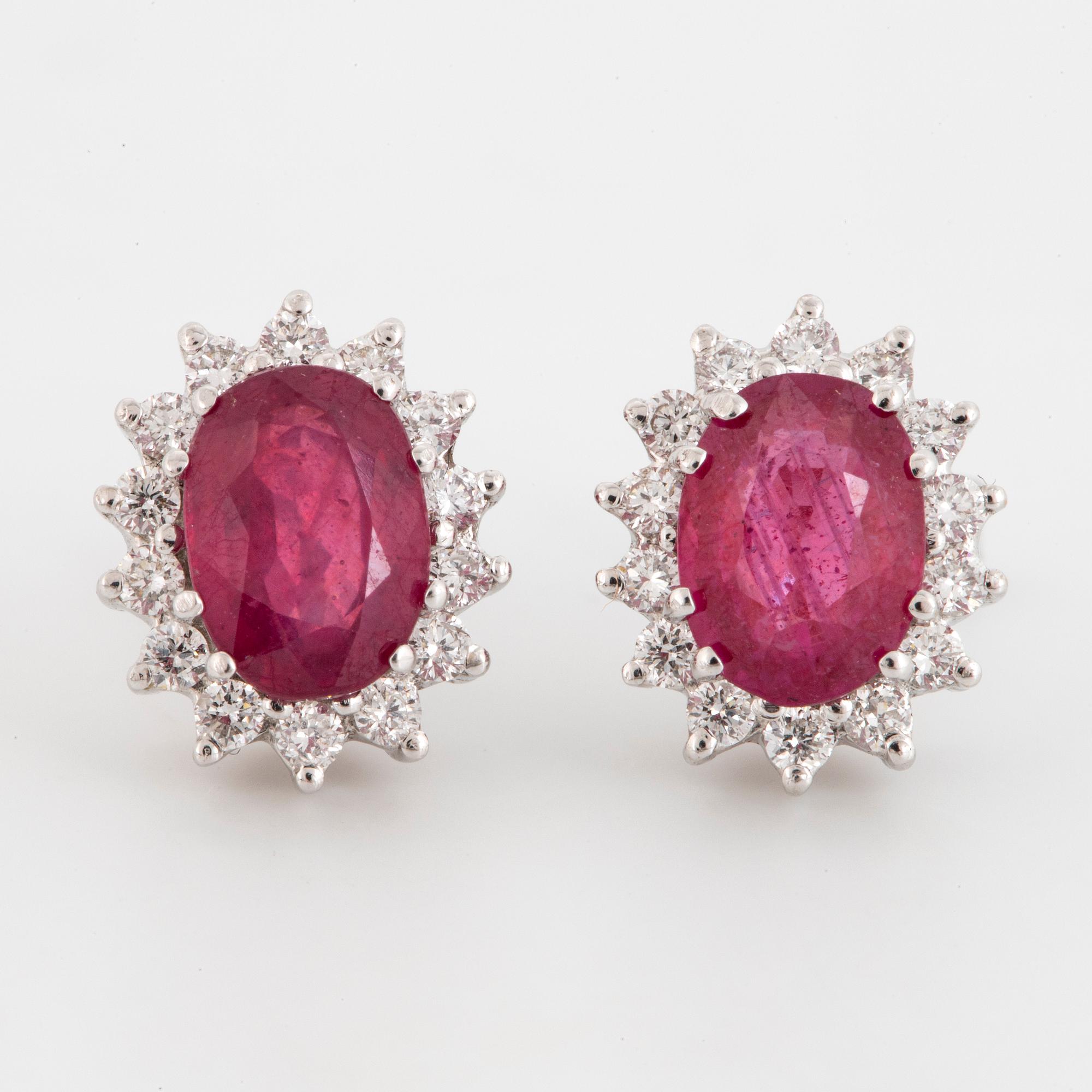 Ruby and brilliant-cut diamond earrings.