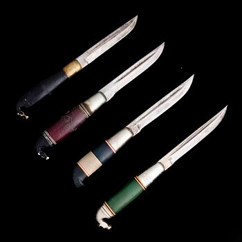 PUUKKO-KNIVAR, 4 st, signerade Järvenpää, Kankaanpää och Lahdensuo. Kauhava och Lapua, Finland 1900-tal. En osignerad.