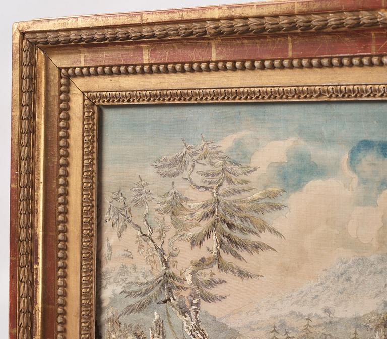 A Gustavian giltwood frame by P. Ljung (1743-1819, ornament carver in Stockholm) with a silk embroidery after Lerpinière.