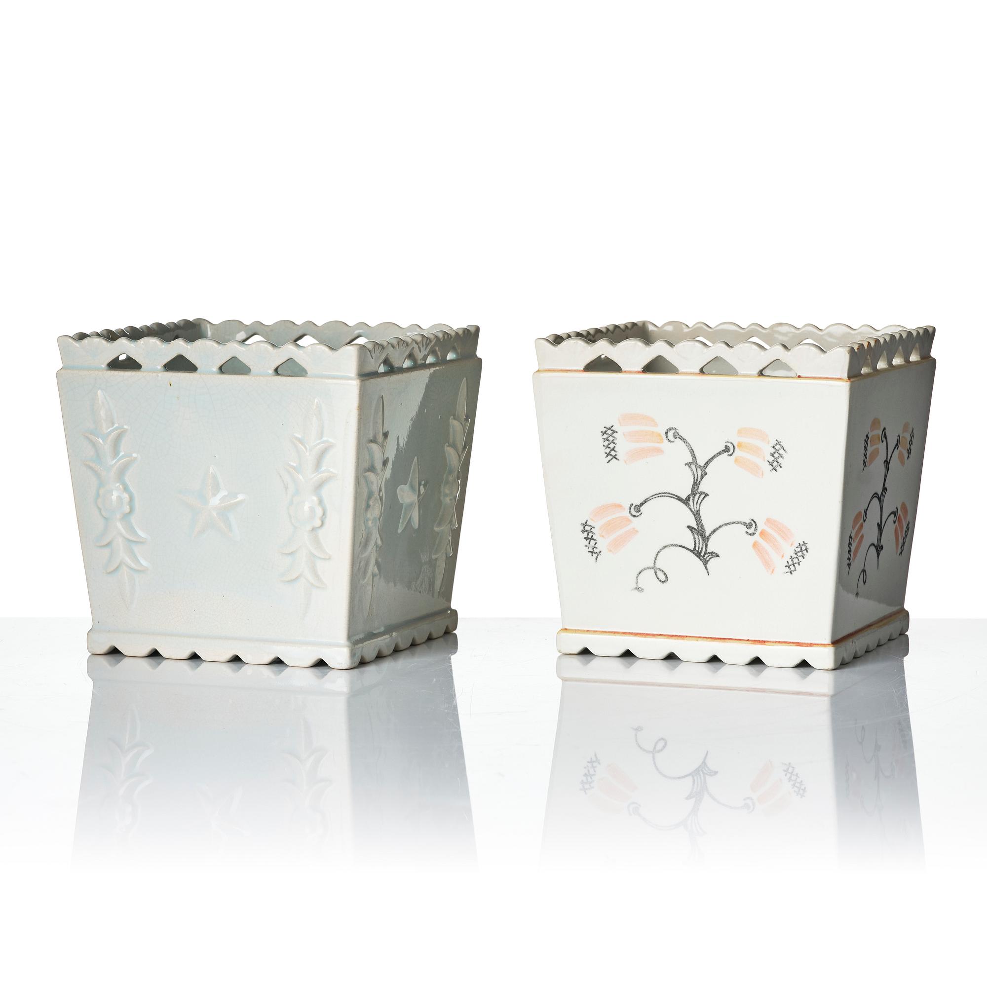 Wilhelm Kåge, two creamware flower pots, Gustavsberg 1920s.