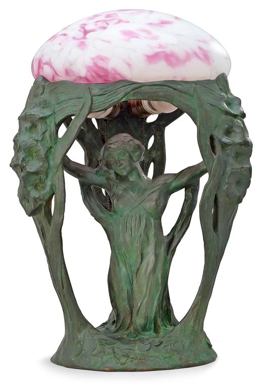 An Alice Nordin Art Nouveau patinated bronze table lamp, Herman Bergman, Stockholm 1912.