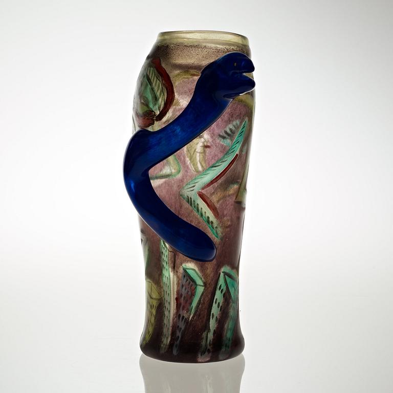 AN Ulrica Hydman-Vallien painted glass vase, Kosta Boda 1988.