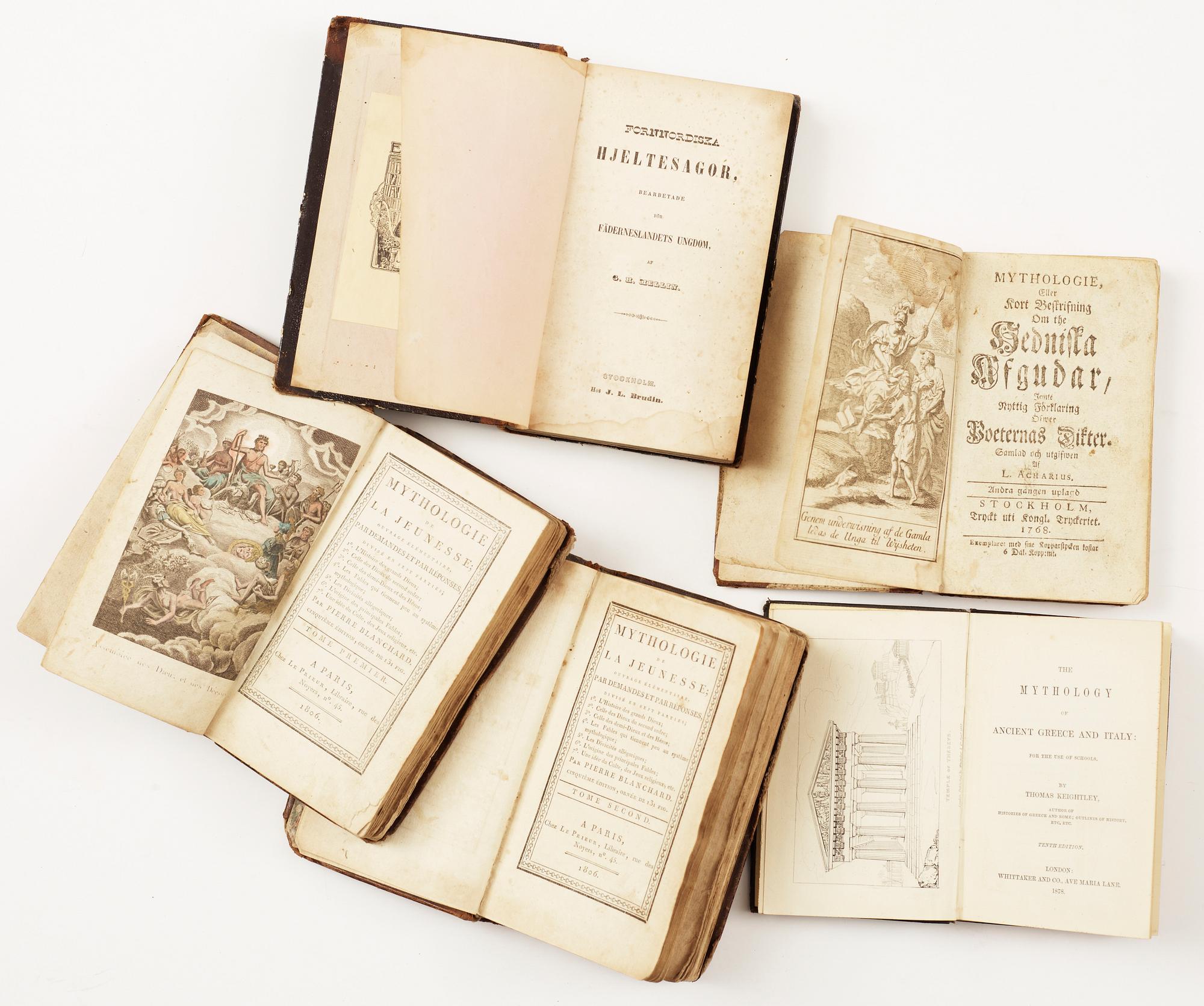 BÖCKER OM MYTOLOGI, 5 vol, bla "Mythologie de la Jeunesse..." av Pierre Blanchard, I-II, Paris 1806.