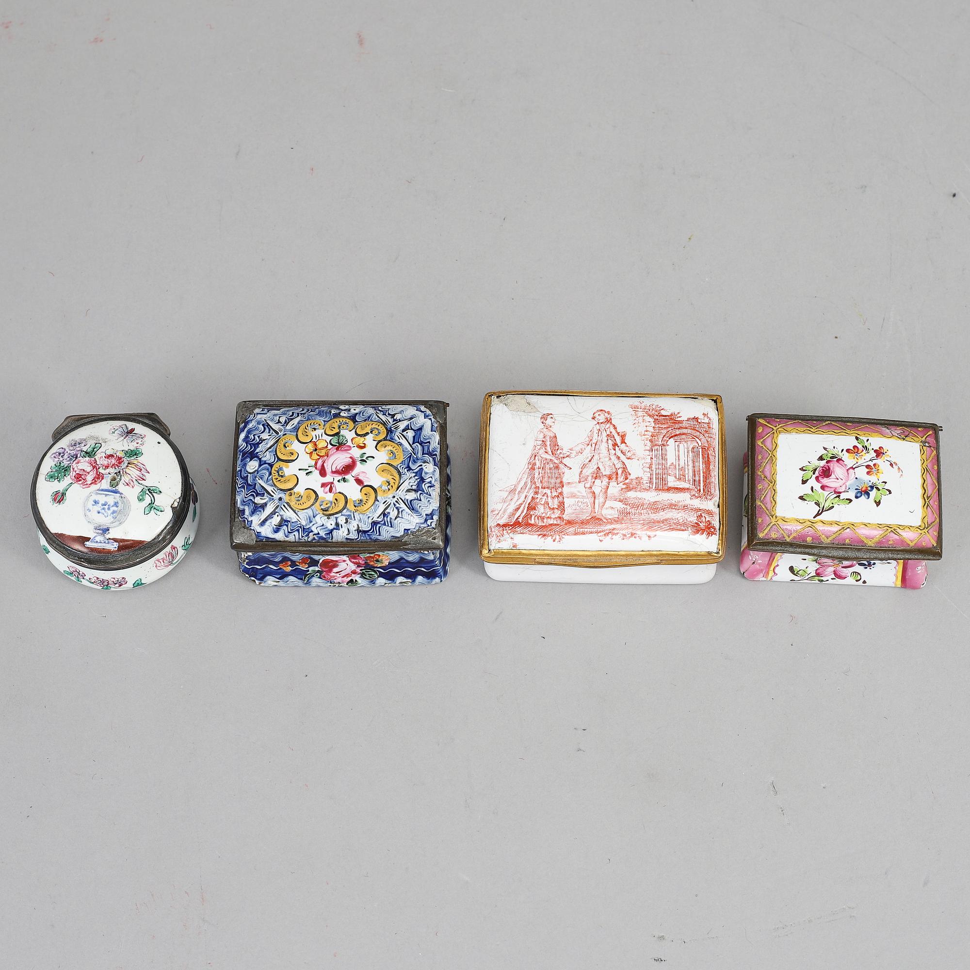 A mixed lot of four 18th century enamel snuff boxes.