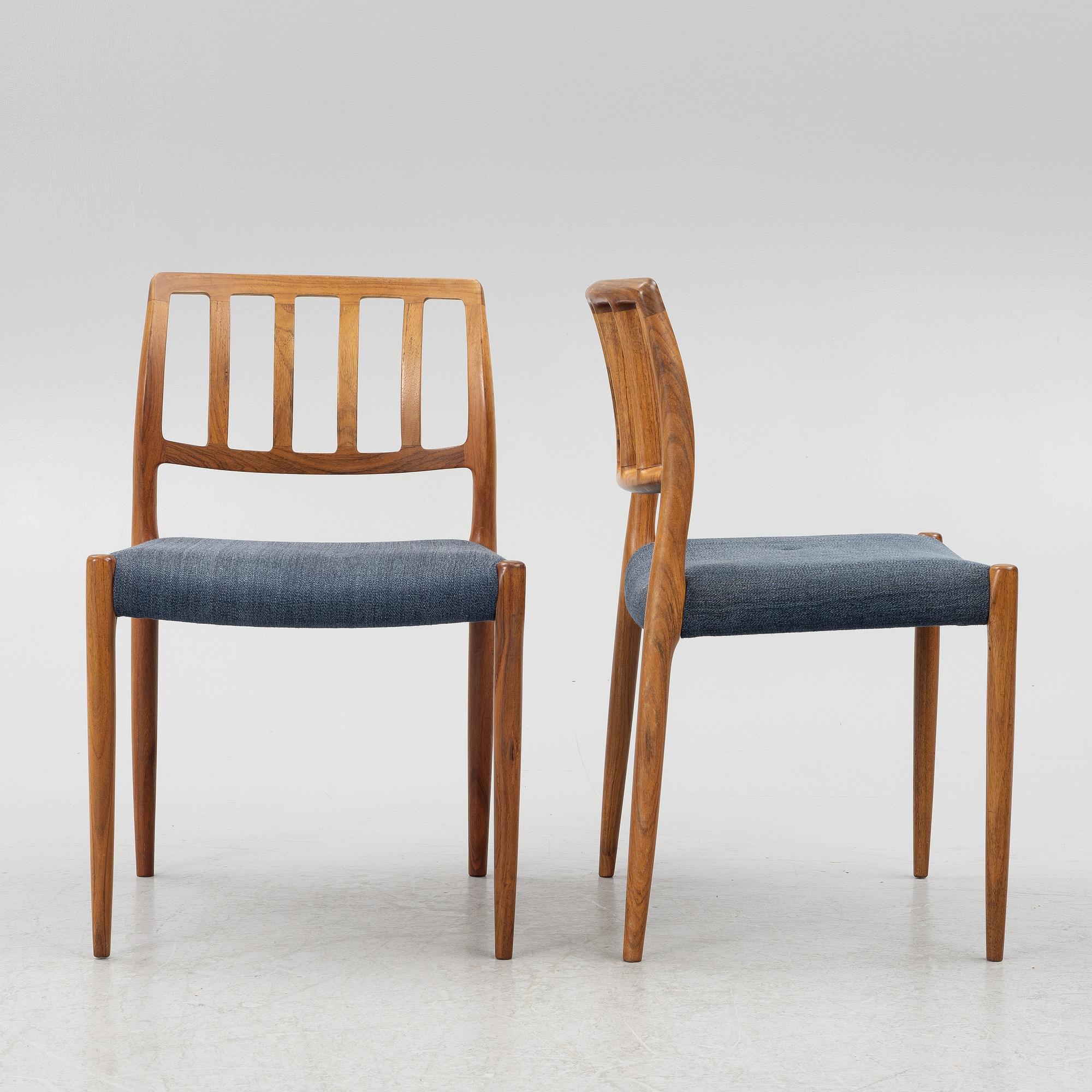 Niels Møller, three chairs, model 83, J.L. Møllers Møbelfabrik, Denmark, 1960's.