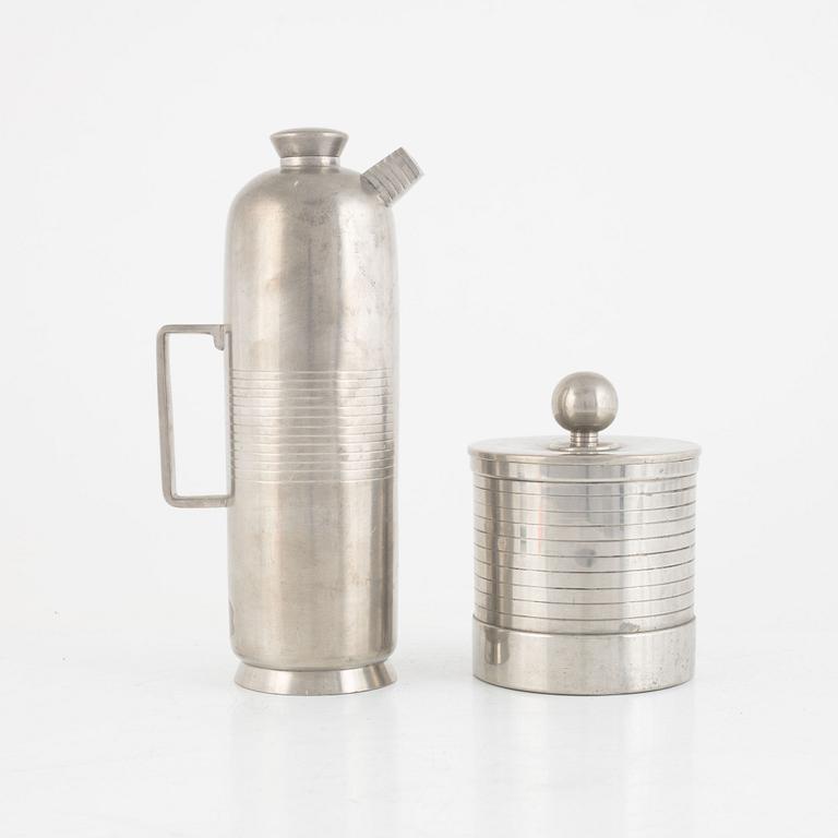 Maja-Lisa Ohlson, cocktailshaker samt burk med lock, två delar, funkis, Guldsmedsaktiebolaget (GAB), Stockholm 1937-38.