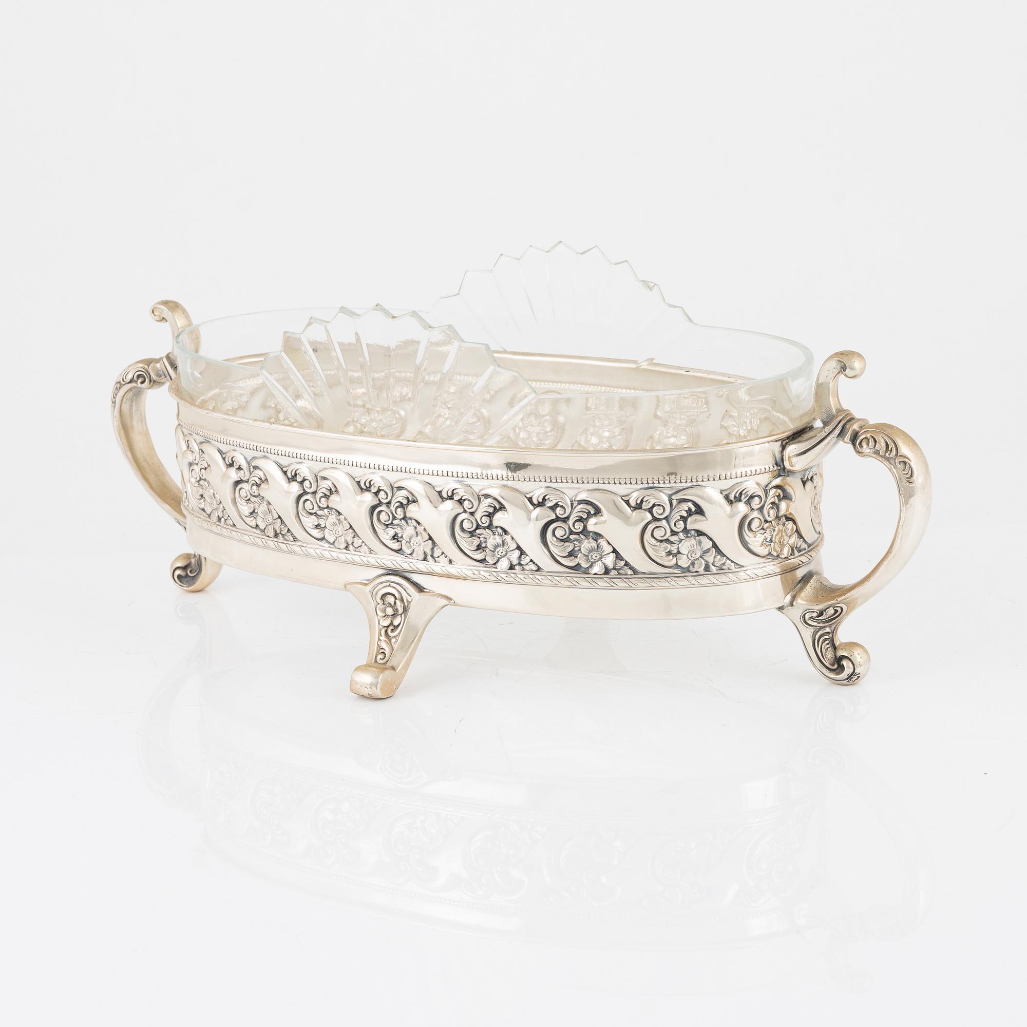 A silver plate and glass jardinière, Denmark, first half of the 20th century.