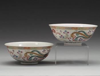 A pair of dragon and phoenix bowls, China, Republic with Qianlong mark.