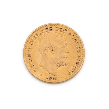 GULDMYNT, Oscar II, guld, 1901. Vikt ca 5 gram.