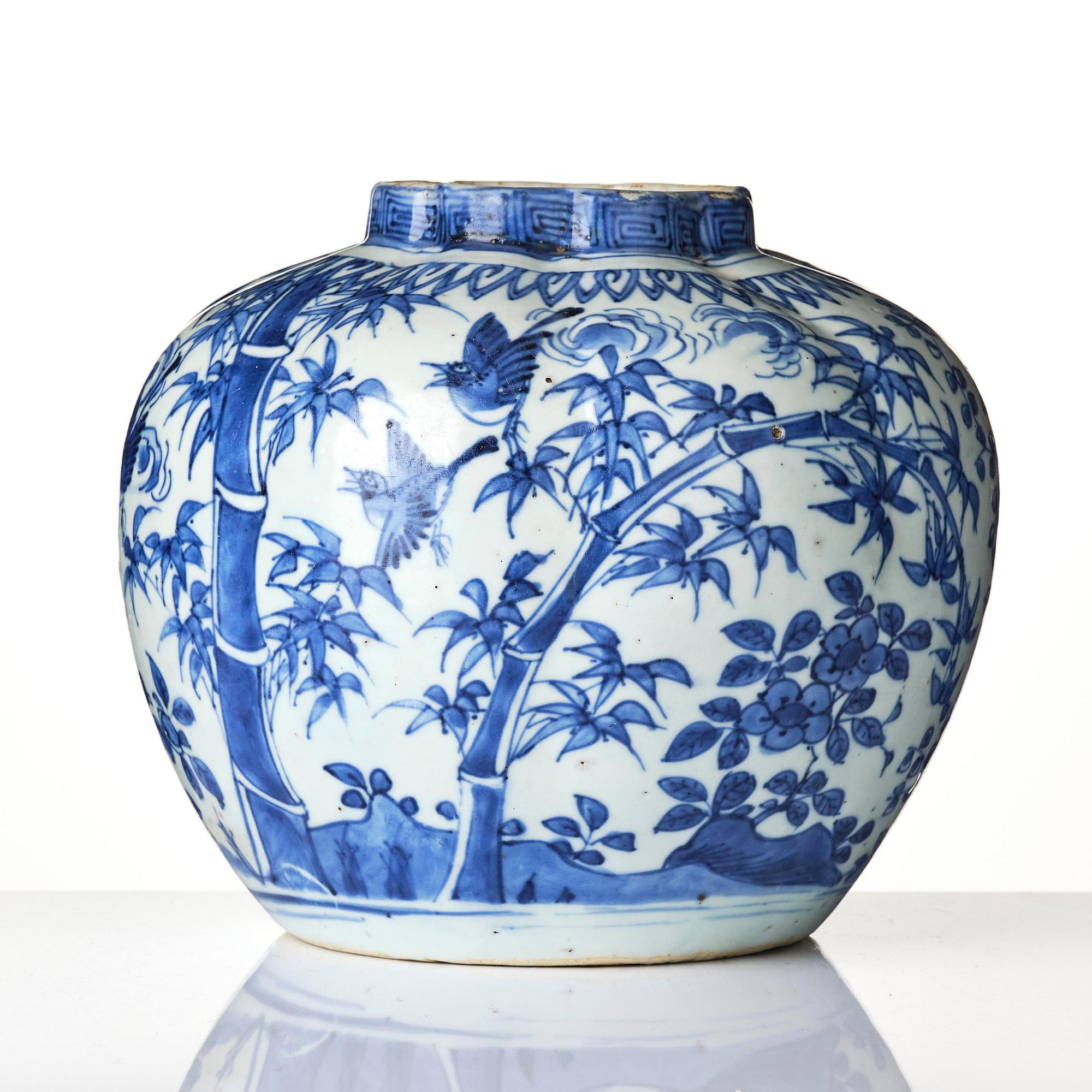 A blue and white melon shaped 'three friends of winter' jar, Ming dynasty, Wanli (1572-1620).