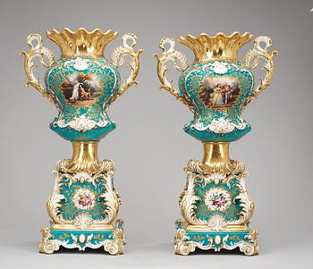 A pair of large french vases on stands, Jacob Petit, mid 19th Century.