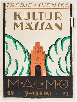 Wilhelm Kåge, litografisk affisch, "Kulturmässan Malmö", Rokotryck, A.-B. Kopia, Sthlm, 1921.