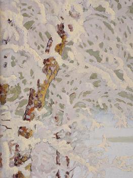 Gustaf Fjaestad, Rime frost over frozen lake in sunlit landscape.