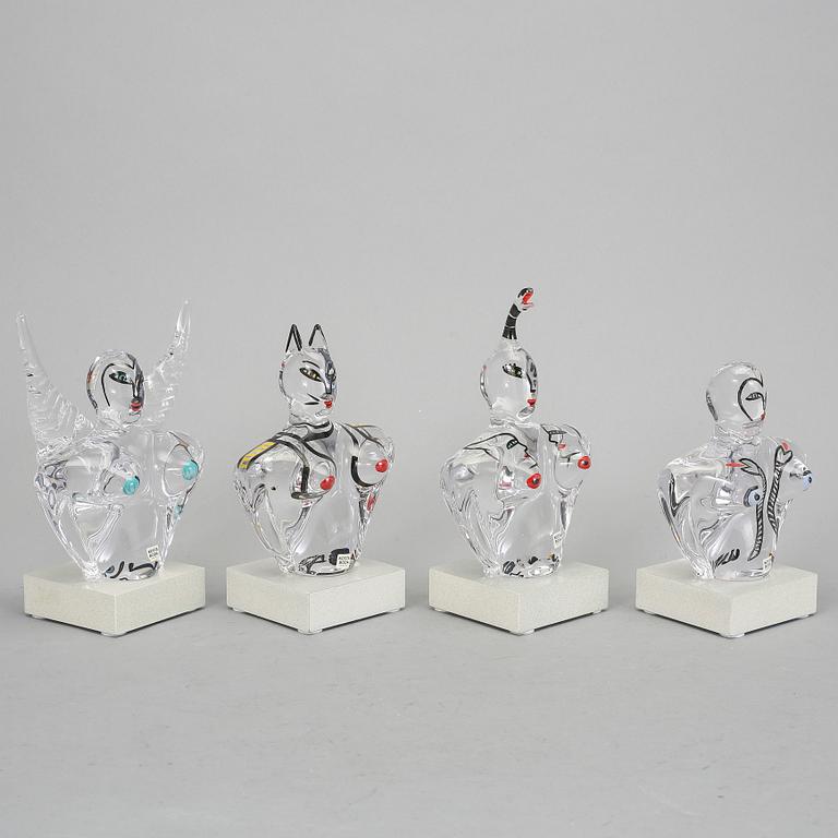 SKULPTURER, 4 st, glas, Ulrica Hydman-Vallien, Kosta Boda.