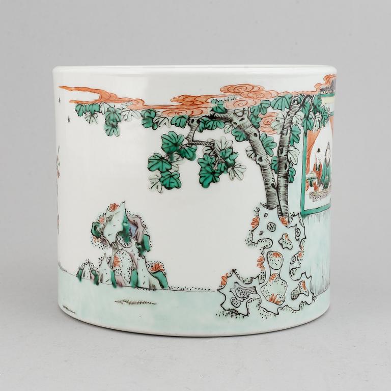 A Chinese famille verte porcelain brush pot, Kangxi style, 20th century.