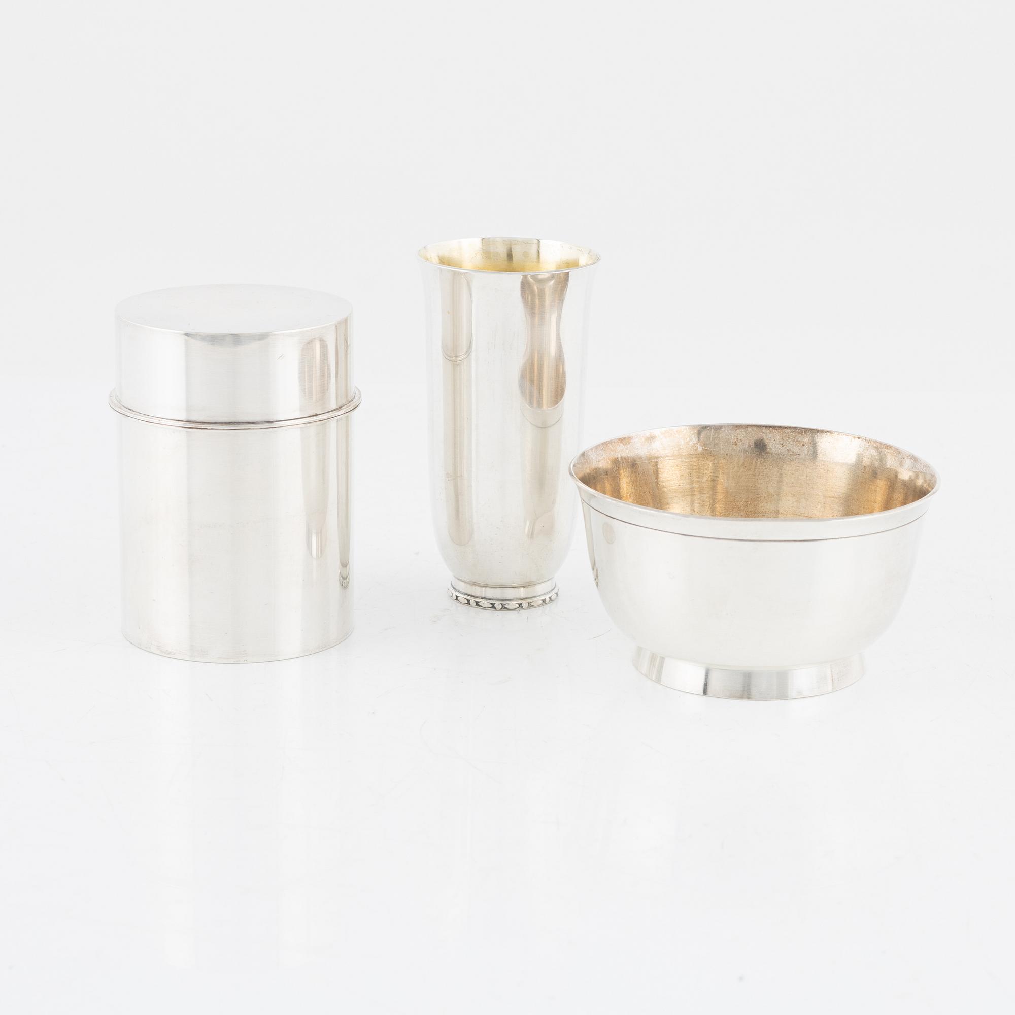 A Swedish silver vase, a bowl and a box with cover, including Atelier Borgila, Stockholm, 1966.