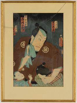 Kunichika samt Toyokuni III, färgträsnitt, 3 st. Japan, 1800-tal.