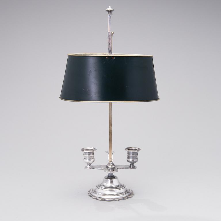A BOUILOTTTE DOUBLE CANDLESTICK LAMP, silverplated, early 20th century.