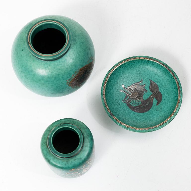 Wilhelm Kåge, two 'Argenta' vases and a bowl, Gustavsberg, 1930s/40s.