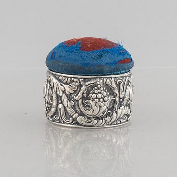 Tiffany & Co, a silver plated box with pin cushion lid.
