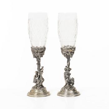 Champagne glasses, a pair, silver and glass, 20th century.