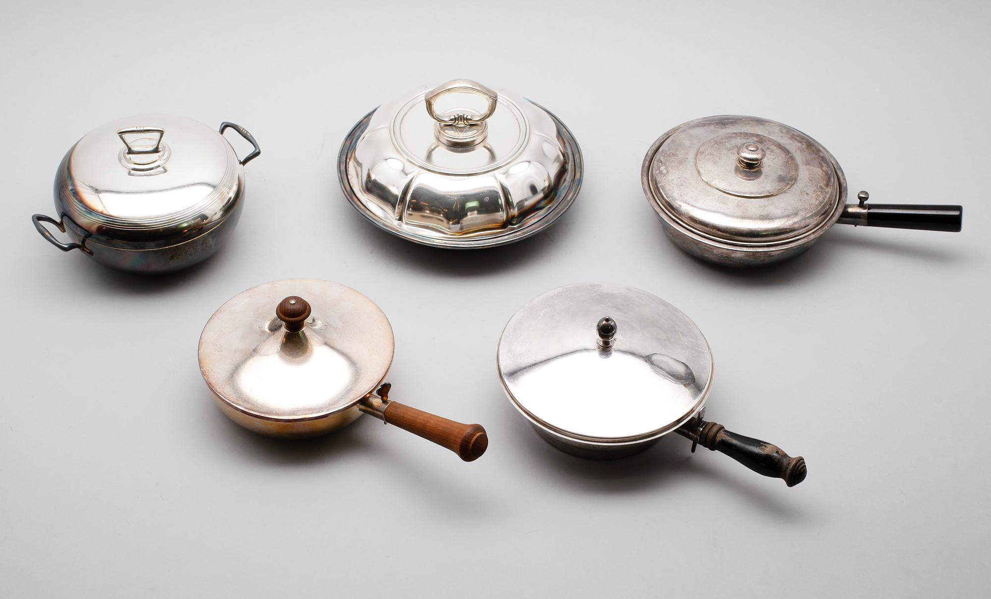 SAMLING KAROTTER med lock, 5 st, nysilver, 1900-tal.