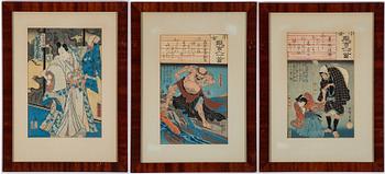 Three Japanese coloured woodblock prints, including Utagawa Hiroshige.