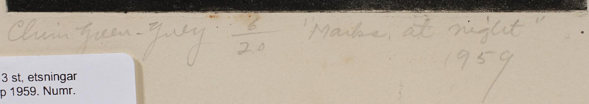 CHINN YUEN YUENG, 3 st, etsningar resp träsnitt, sign o dat 1956 resp 1959. Numr.