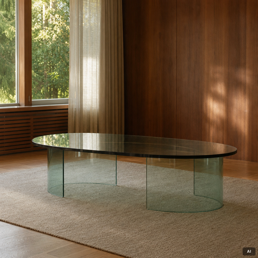 A glass coffee table, contemporary.