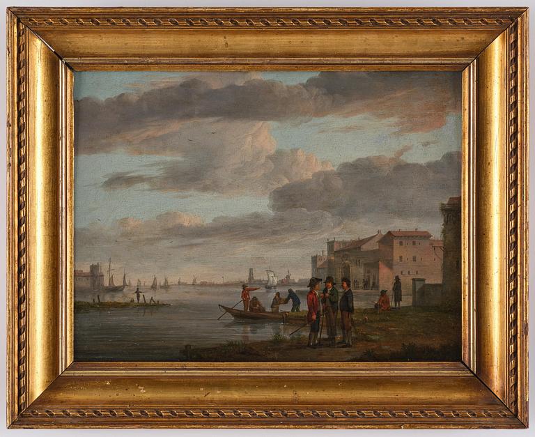 Marten Jacobus Waefelaerts, A river landscape with boats, figures, a castle and a town beyond.