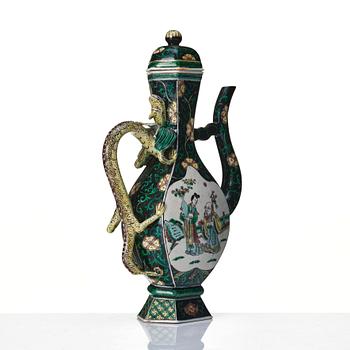 A famille noire ewer with cover, Qing dynasty, 19th Century with Kangxi six character mark.