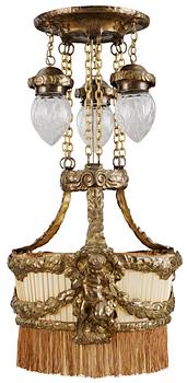 582. An Art Nouveau patinated brass hanging lamp, by Böhlmarks, Stockholm 1910's-20's.