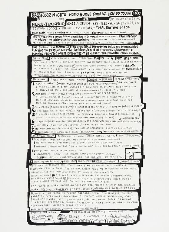 Friedensreich Hundertwasser, photo lithograph and silk screen with metal embossing, 1984. Signed and numbered 4371/10002.