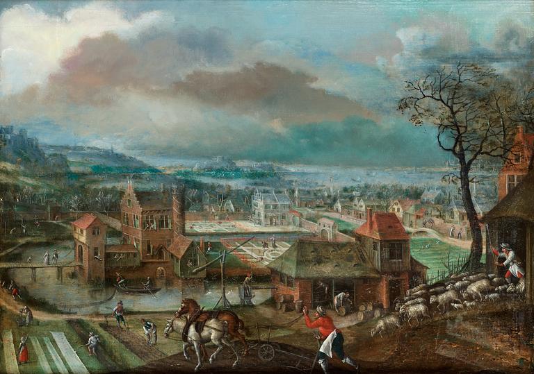 Jacob Grimmer Follower of, Landscape with figures and buildings.