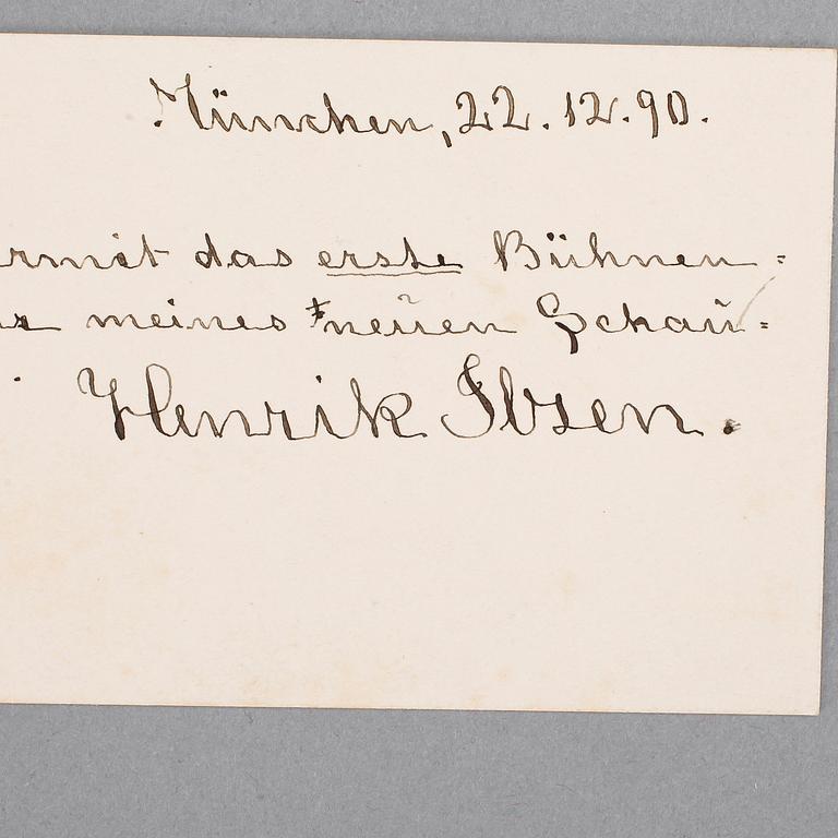 HENRIK IBSEN (1828-1906), egenhändigt skrivet kort med signatur, dat München 22/12 -90.