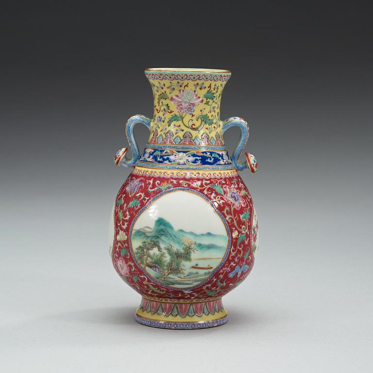 A pink and yellow ground famille rose vase, China, Republic, 20th Century with Qianlong seal mark.