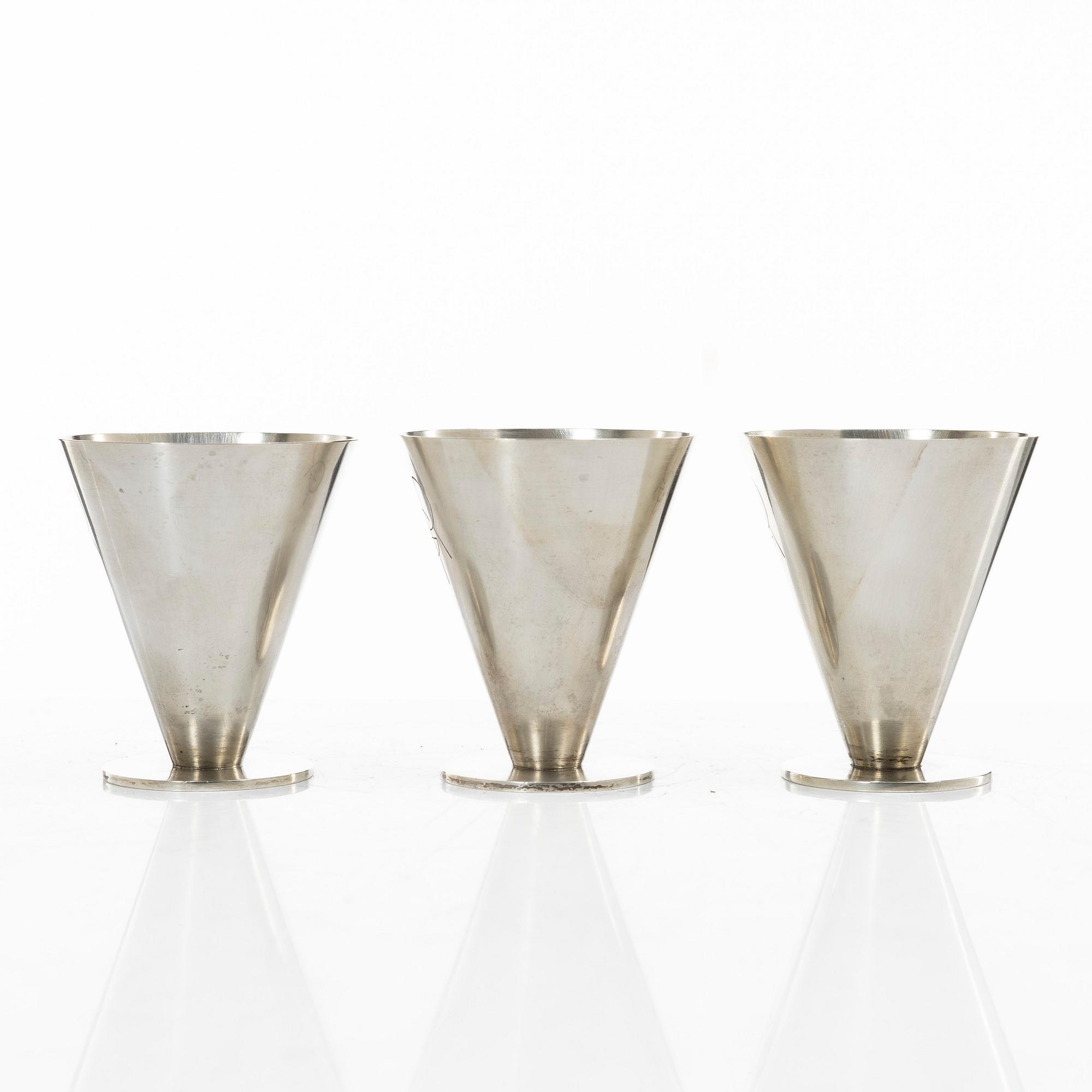 Wiwen Nilsson, Three small silver cups, mark of Wiwen Nilsson, Lund, Sweden 1937-39.