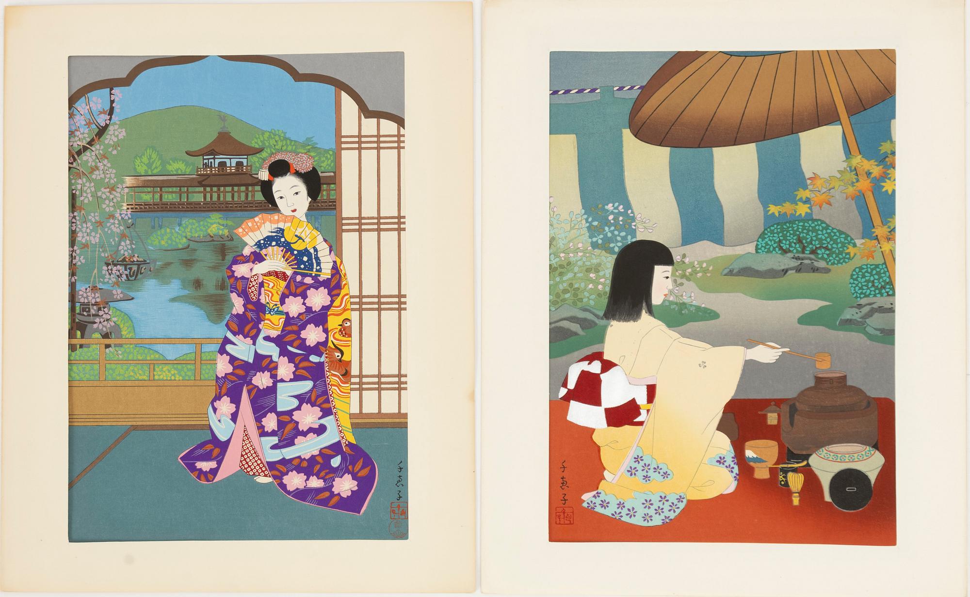 Minagawa Chieko, "Geisha by the river" och "Teaceremony".