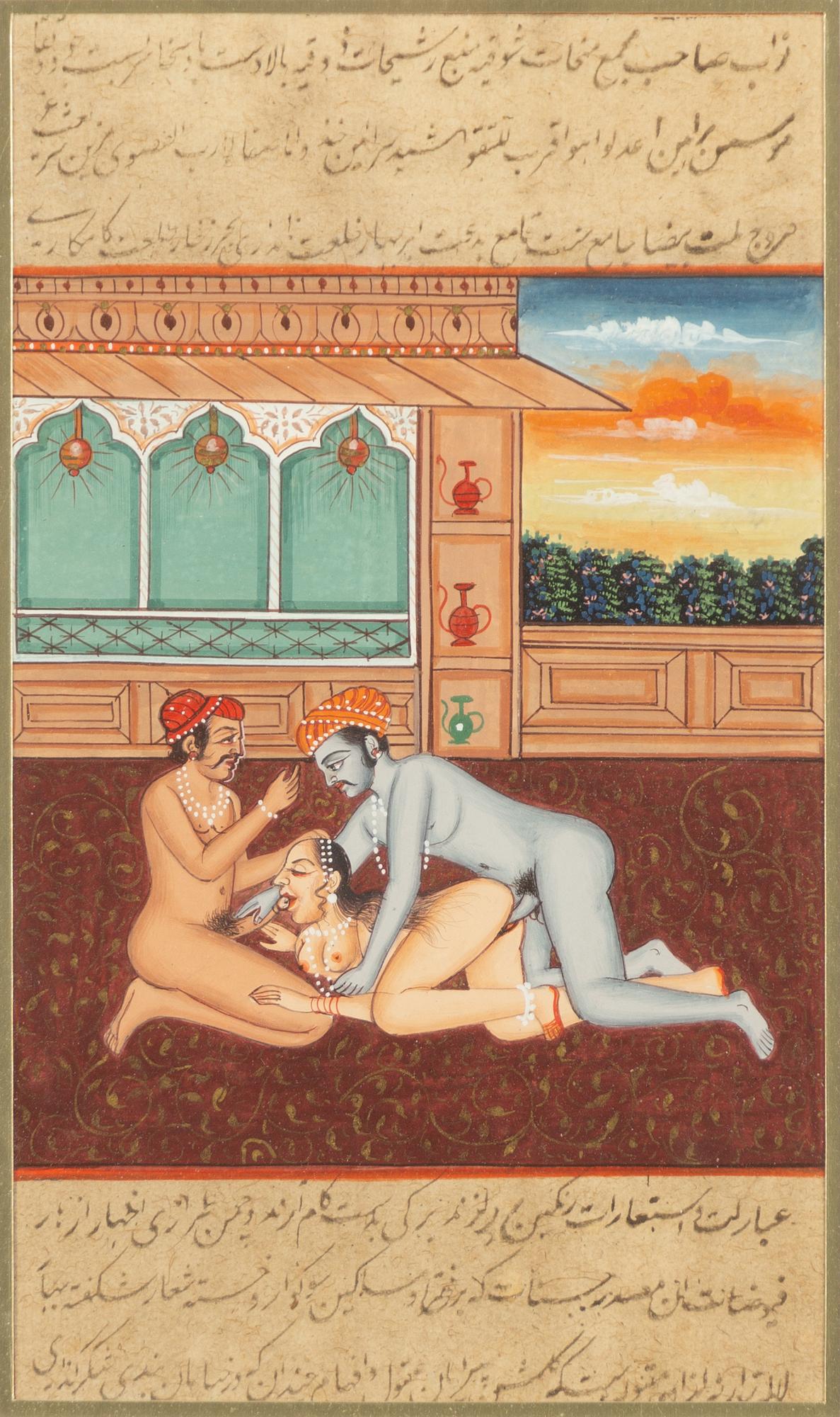 Oidentifierad konstnär, Erotiska scener i interiörer, Indien, 1900-tal. Tre stycken.