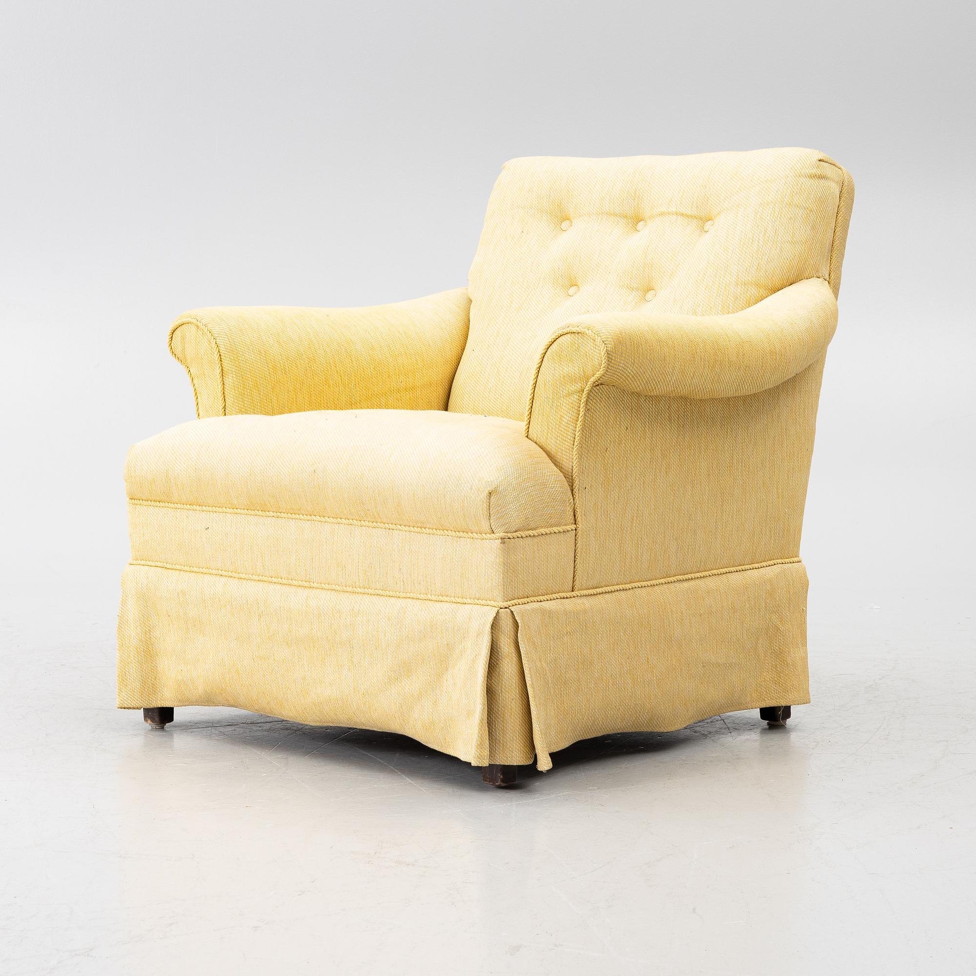 Armchair, mid-20th century, upholstered in the textile “Vägen” by Firma Svenskt Tenn.